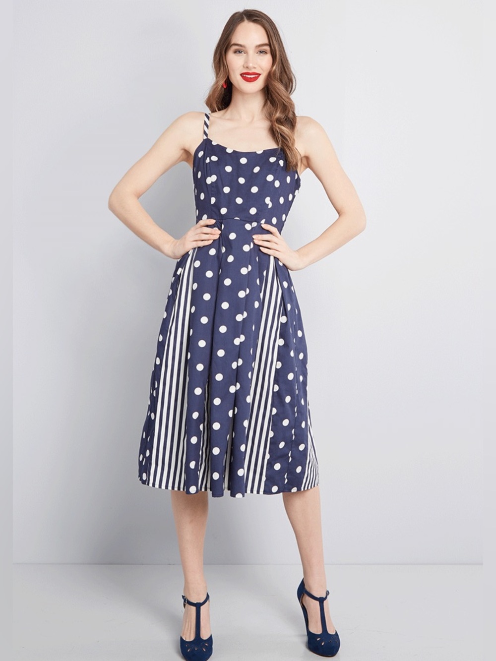 MODCLOTH Fit And Flare Polka Dot Striped Midi Dress Size 8